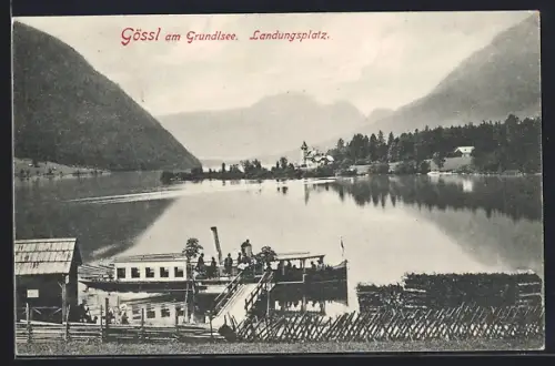AK Gössl am Grundlsee, der Landungsplatz mit kleinem Dampfschiff