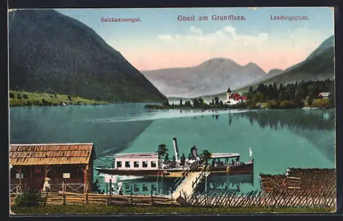 AK Gössl am Grundlsee, Landungsplatz mit Dampfer u. Blick auf Turmgebäude
