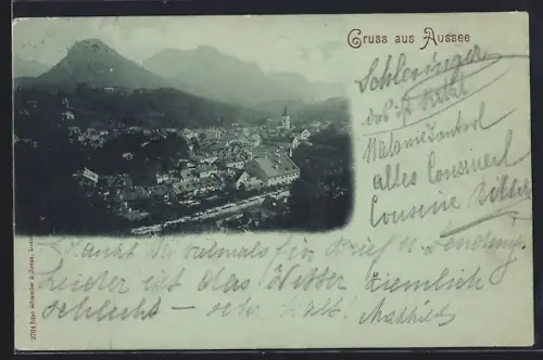 AK Aussee, Totalansicht mit Bergen aus der Vogelschau