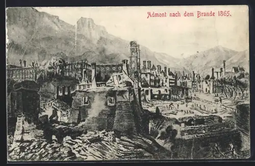 AK Admont, Ortsansicht nach dem Brande 1865