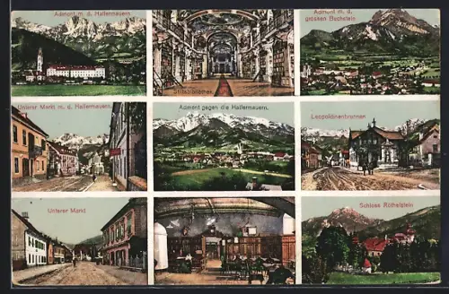 AK Admont, Ortschaft gegen die Hallermauern, Stiftsbibliothek, Leopoldinenbrunnen, Schloss Röthelstein