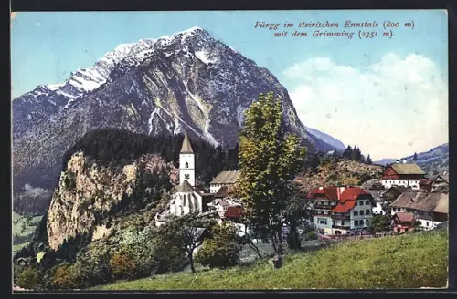 AK Pürgg im steirischen Ennstale, Ortsansicht mit der Kapelle und dem Grimming