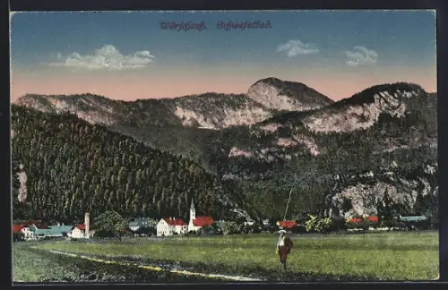 AK Wörschach, Ortsansicht mit Feldweg und Bergpanorama, Angler