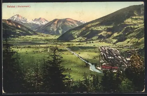 AK Selztal /Steiermark, Fabrik am Fluss mit Umgebung u. Bergpanorama