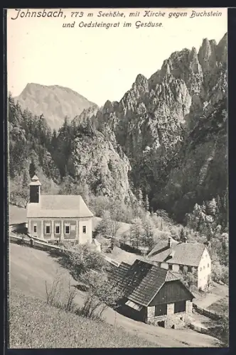 AK Johnsbach, Kirche mit Buchstein und Oedsteingrat im Gesäuse