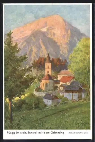 Künstler-AK Pürgg, Ortsansicht gegen den Grimming