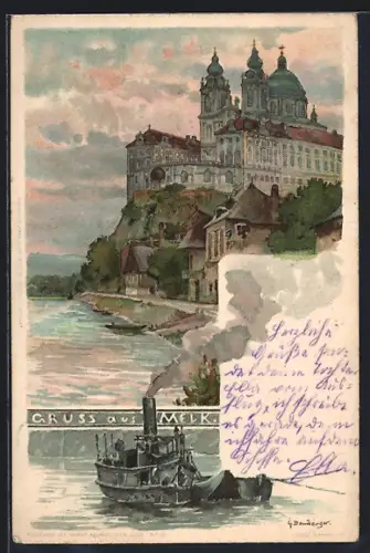 Künstler-AK sign. G. Bamberger: Melk, Schloss, Dampfer