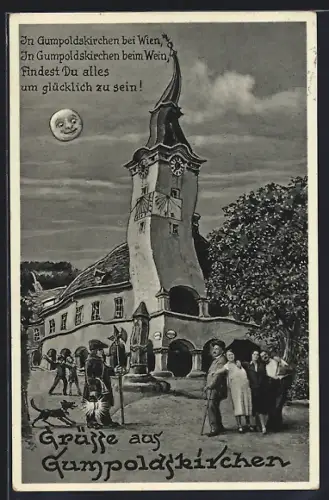 Wirtshaus-AK Gumpoldskirchen, Ortsansicht aus der Sicht eines Betrunkenen