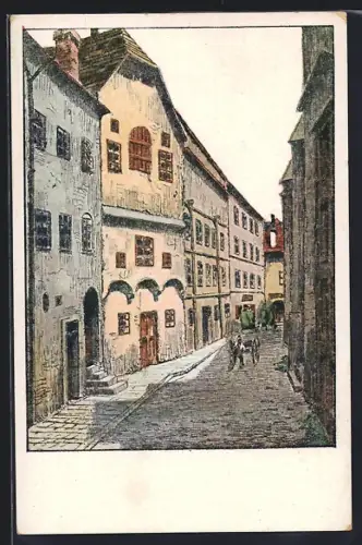 Künstler-AK Wels, Minoriten, Strassenansicht