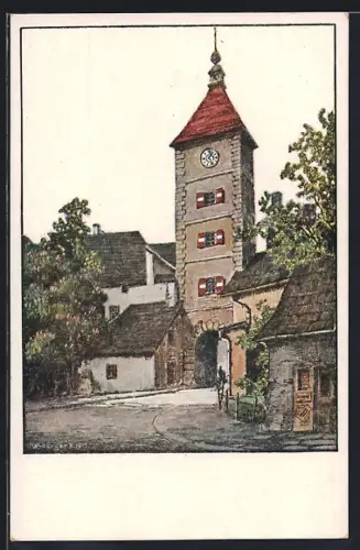 Künstler-AK Wels, Blick zum Ledererturm