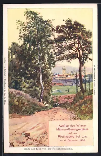 Künstler-AK Philipp + Kramer: Linz, Blick auf Linz von der Pöstlingbergbahn