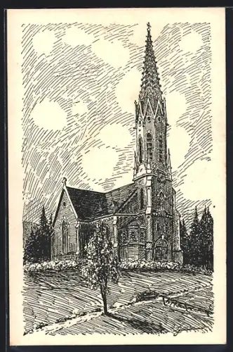 Künstler-AK Mürzzuschlag, Blick zur Heilandskirche