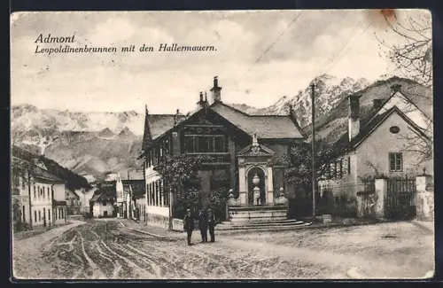 AK Admont, Leopoldinenbrunnen mit den Hallermauern