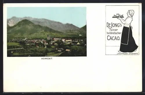 AK Admont, Gesamtansicht, Reklame für De Jong`s reiner holländischer Cacao