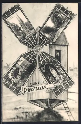 AK Oostacker-Lourdes, L`Eglise de N. D. de Lourdes, Le Pensionnat, La Dreve, Windmühle