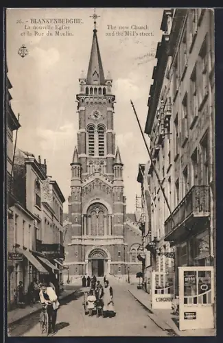 AK Blankenberghe, La nouvelle Eglise et la Rue du Moulin