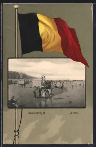 Lithographie Blankenberghe, La Plage, Flagge, Passepartout