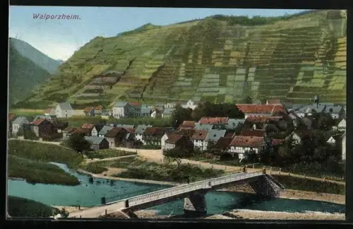 AK Walporzheim, Teilansicht mit Flussbrücke und Feldern
