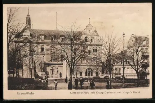 AK Essen / Ruhr, Limbeckerplatz mit Krupp-Denkmal & Krupp's Hotel