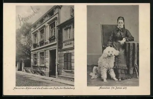AK Bad Godesberg, Aennchen-Heim und die Linden am Fusse der Godesburg mit Aennchen im Alter von 14 Jahren mit Hund