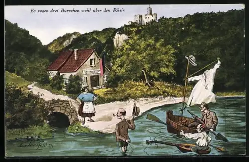 Künstler-AK Köln-Sülz, Restaurant mit drei Burschen im Rhein