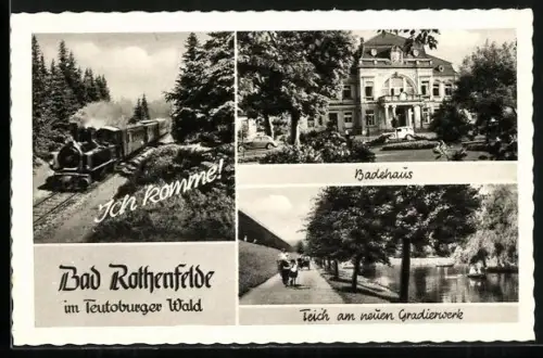 AK Bad Rothenfelde, Badehaus, Teich am neuen Gradierwerk und Eisenbahn