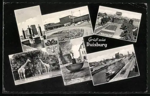 AK Duisburg, Hotel Duisburger Hof mit Brunnen, Hauptbahnhof, Innenhafen