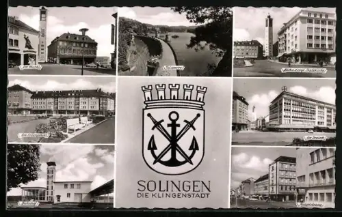 AK Solingen, Markt mit Gasthaus, Evangelische Stadtkirche, Bahnhof