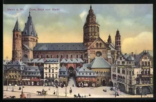 AK Mainz a. Rh., Blick vom Markt auf Dom mit Geschäften