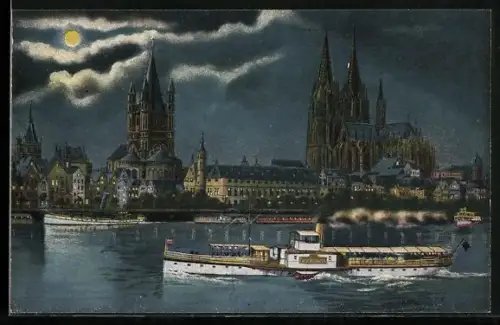 AK Köln, Dampfer Fürst Bismarck auf dem Rhein bei Nacht