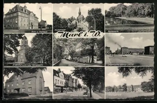 AK Marl, Amts- und Rathaus, Brassertstrasse, St. Bonifatiuskirche