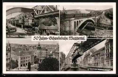 AK Wuppertal, 50 Jahre Schwebebahn, Kaiserplatz m. Strassenbahn, Sonnborner Brücke, Rathausbrücke