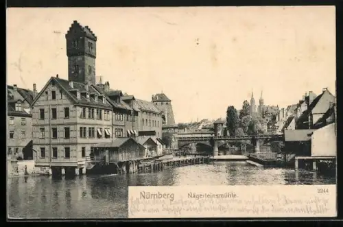 AK Nürnberg, Nägerleinsmühle, Flusspartie mit Brücke