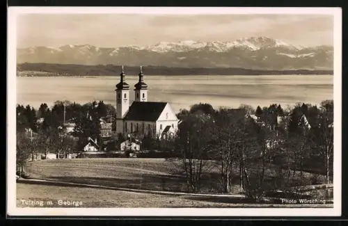AK Tutzing, Kirche mit Starnbergersee im Hintergrund