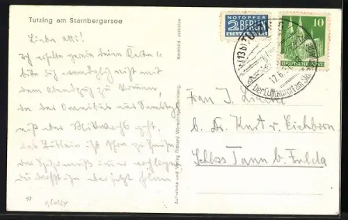 AK Tutzing, Kirche mit Starnbergersee im Hintergrund