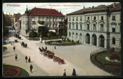AK Pforzheim, Werderplatz und Goldschmiedeschule