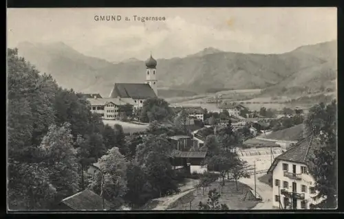 AK Gmund / Tegernsee, Ortsansicht mit Wehr und Kirche