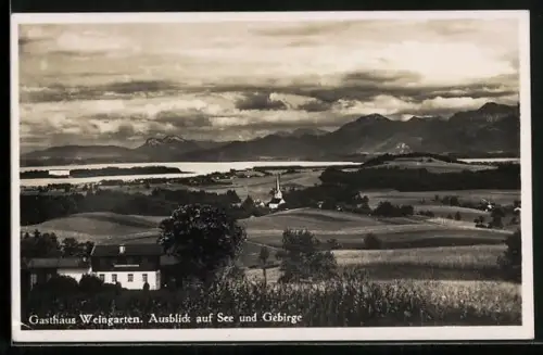 AK Rimsting, Gasthaus Weingarten, Ausblick auf See und Gebirge