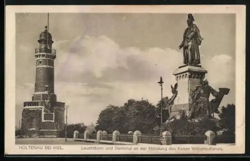 AK Holtenau bei Kiel, Leuchtturm und Denkmal an der Mündung des Kaiser Wilhelm-Kanals