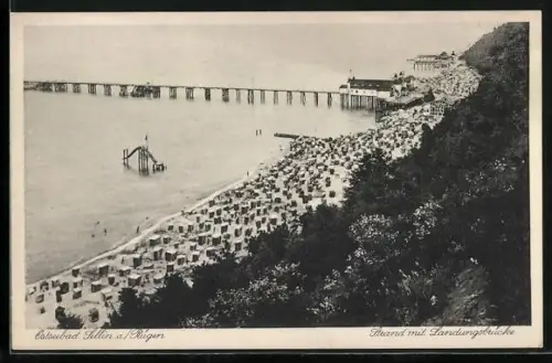 AK Sellin a. Rügen, Strand mit Landungsbrücke
