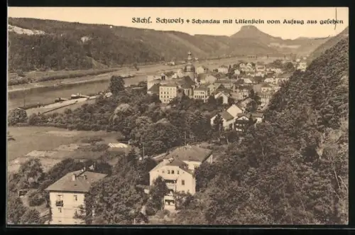 AK Schandau /Sächs. Schweiz, Stadtansicht mit Lilienstein vom Aufzug aus gesehen