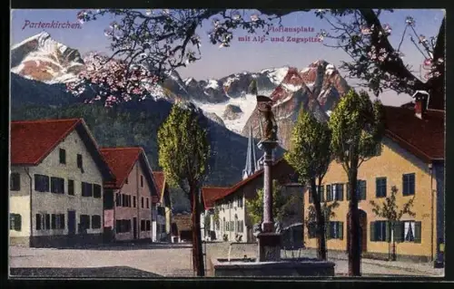 AK Partenkirchen, Floriansplatz mit Alp- und Zugspitze