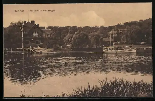 AK Hügel / Ruhrtal, Bootshaus & Fähre vom anderen Ufer gesehen