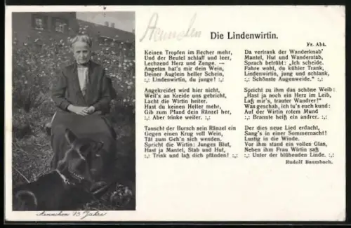 AK Bad Godesberg, Gedicht Die Lindenwirtin, Porträt von Aennchen mit ihrem Hund