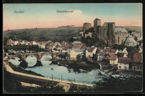 AK Runkel, Ortsansicht mit Brücke