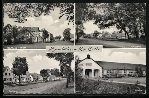AK Hambühren /Celle, Kaufhaus Tiemann, Schule, Siedlung, Ortspartie
