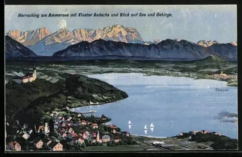 AK Herrsching am Ammersee, Kloster Andechs, Blick auf See und Gebirge