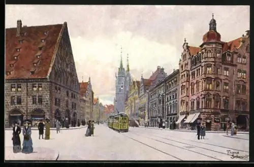 Künstler-AK Nürnberg, Königstrasse mit Lorenzkirche