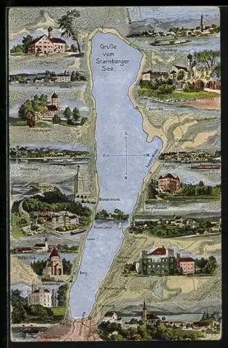 AK Starnberg, Starnberger See, Ansichten der Städte am Seeufer, Blick auf AMbach, Seeshaupt, Feldafing, Starnberg