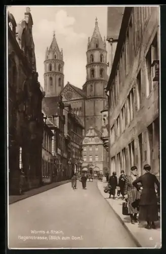 AK Worms a. Rhein, Hagenstrasse mit Blick zum Dom